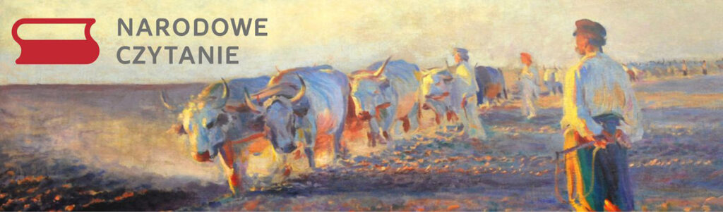 Baner Narodowego Czytania: fragment obrazu przedstawiającego chłopów prowadzących zaprzęg wołów podczas orki na polu; po lewej stronie logo i napis "Narodowe Czytanie".