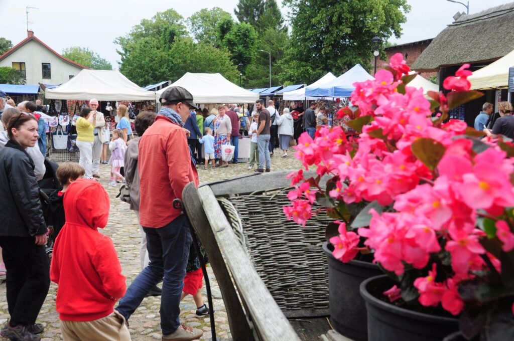 Odwiedzający spacerują między stoiskami Jarmarku Jamneńskiego, a na pierwszym planie widoczne są różowe kwiaty w donicy (kliknięcie powiększy zdjęcie).