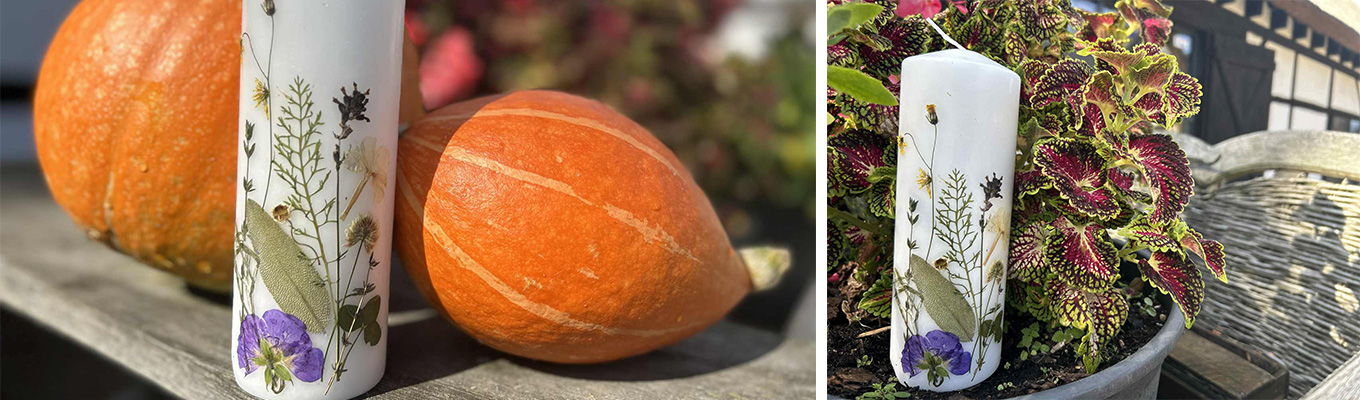 przykłady ozdobionych kwiatami i ziołami świec wykonanych na warsztatach.