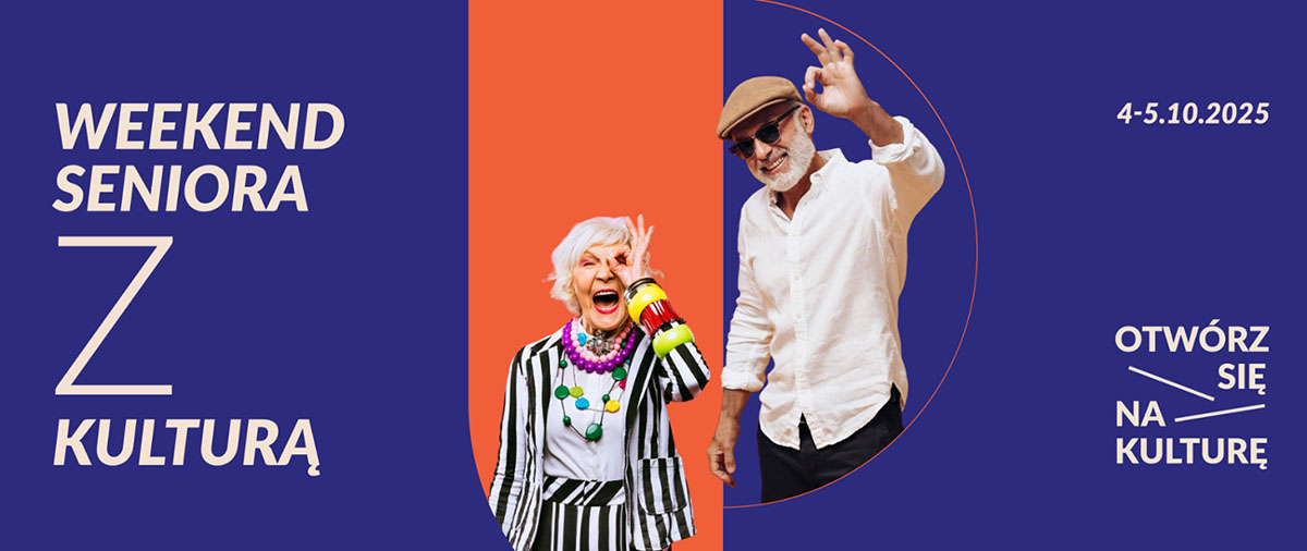 Grafika promująca "Weekend seniora z kulturą". Dwie starsze osoby uśmiechają się i pokazują dłonią znak "OK".