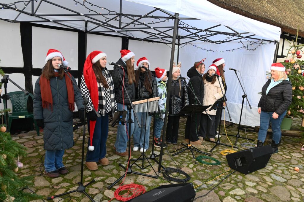Występ grupy wokalnej w czapkach mikołajowych na plenerowej scenie podczas jarmarku jamneńskiego (kliknięcie powiększy zdjęcie).