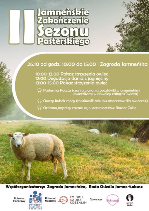 Plakat wydarzenia „II Jamneńskie Zakończenie Sezonu Pasterskiego” przedstawia owcę stojącą na zielonej łące, w tle widać drzewa i kolejne owce na pastwisku. W górnej części umieszczono informacje o dacie wydarzenia, a w środkowej program wydarzenia.