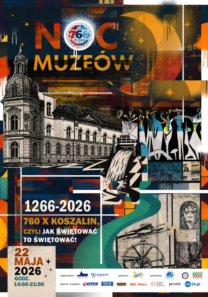 Plakat wydarzenia „Noc Muzeów” w Koszalinie. Na kolażowej grafice widoczny zabytkowy budynek muzeum, elementy sztuki ulicznej, ilustracje oraz abstrakcyjne geometryczne formy w kolorach granatu, pomarańczu i turkusu. Na plakacie umieszczono napis „Noc Muzeów” oraz informację o jubileuszu „1266–2026, 760 x Koszalin, czyli jak świętować to świętować!”. W dolnej części podano datę i godziny wydarzenia: 22 maja 2026, godz. 14:00–21:00, wraz z logotypami organizatorów, sponsorów i partnerów.